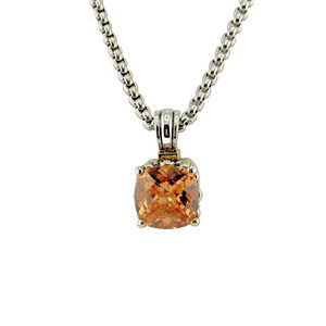 Facet Cut Citrine Color Silvered Metal Filigree Pendant Necklace Signed PDI